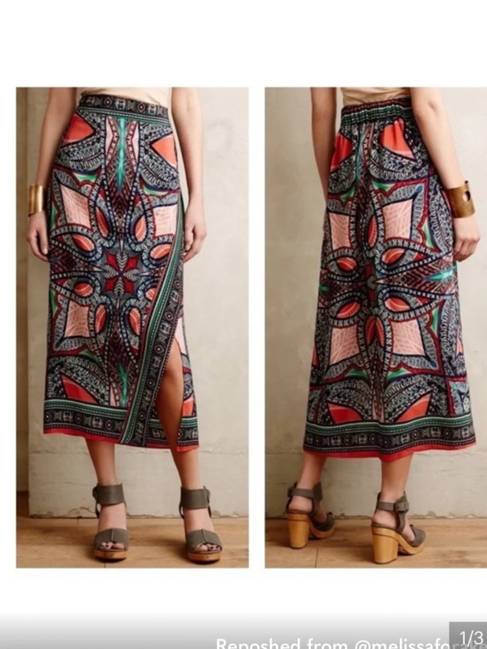 New Anthropologie 100% Silk Geometic Jewel Tone Wrap Midi Skirt. Slit. Size 10 - Picture 3 of 13